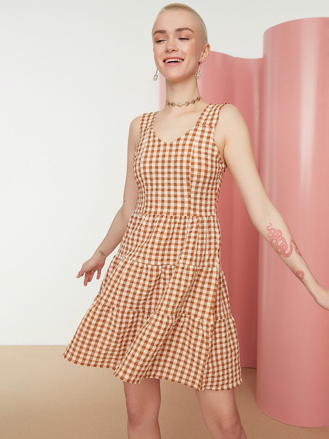Trendyol Brown & Off White Checked A-Line Dress