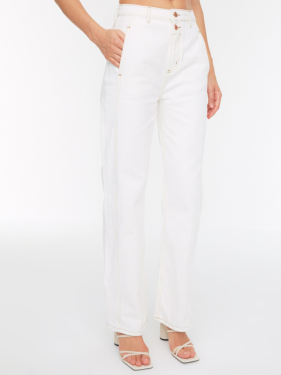 Trendyol Women White Pure Cotton Wide Leg Jeans
