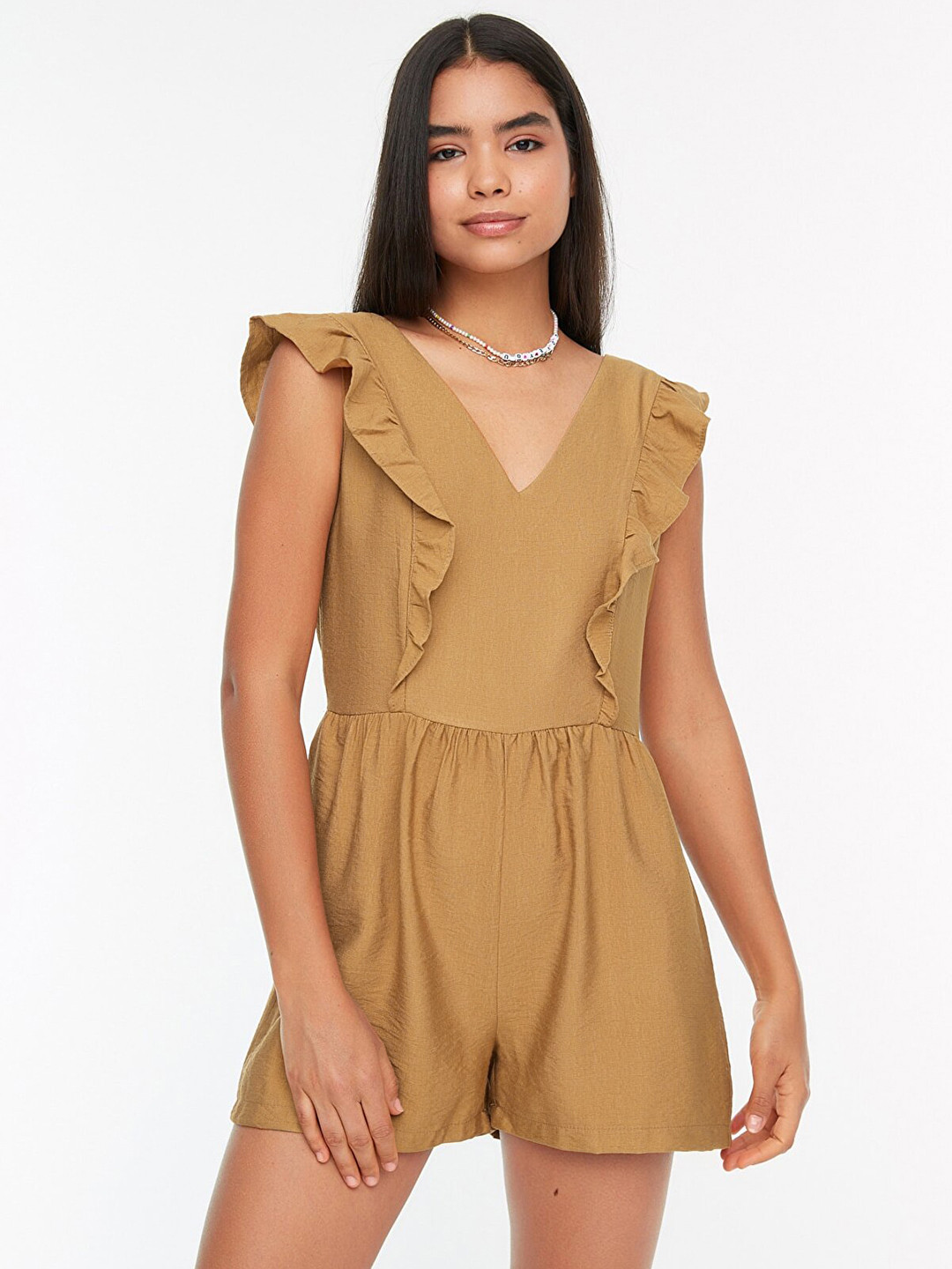 Trendyol Camel Brown Solid Ruffles Playsuit