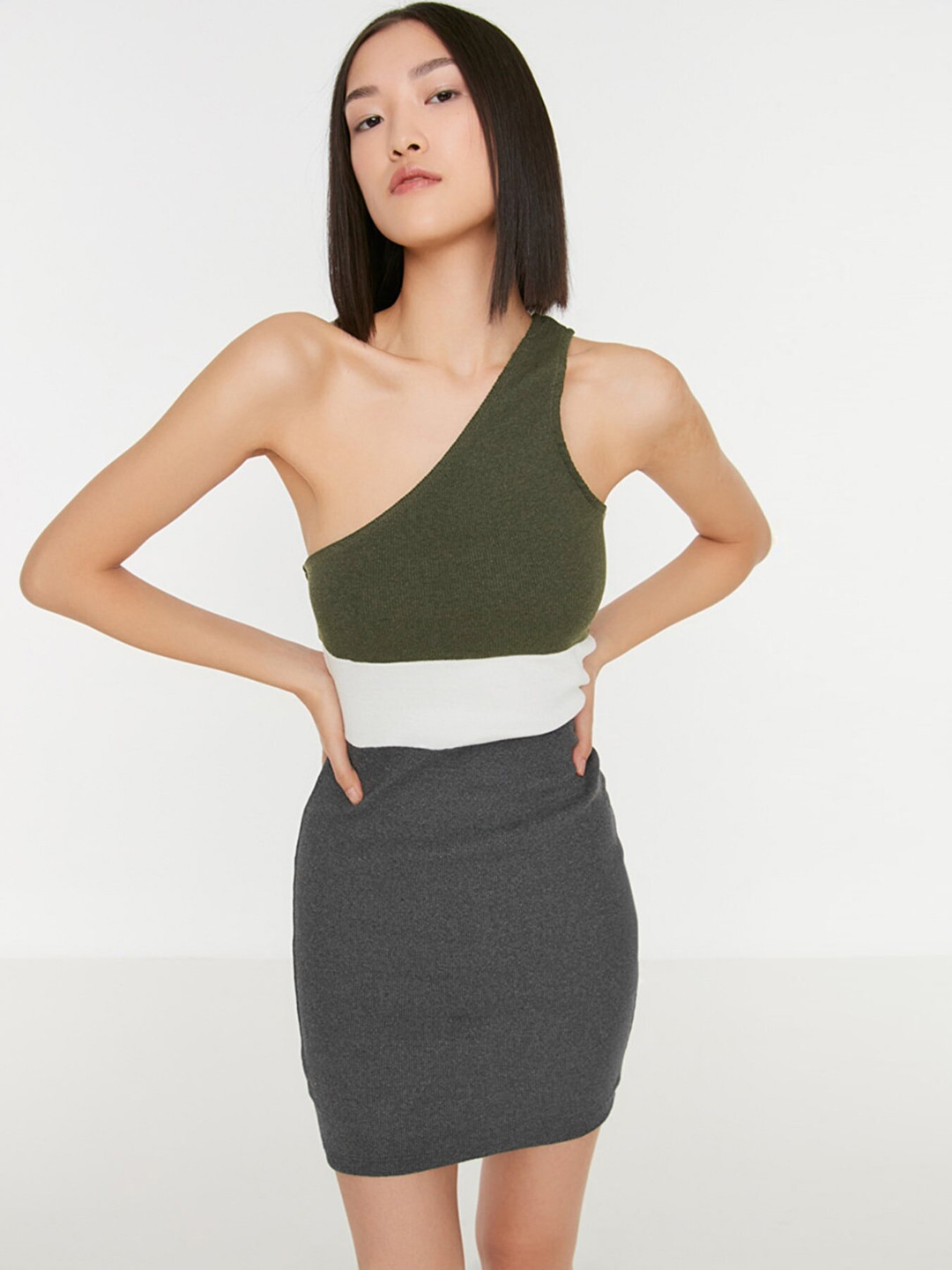 Trendyol Charcoal & White Colourblocked One Shoulder Sheath Dress