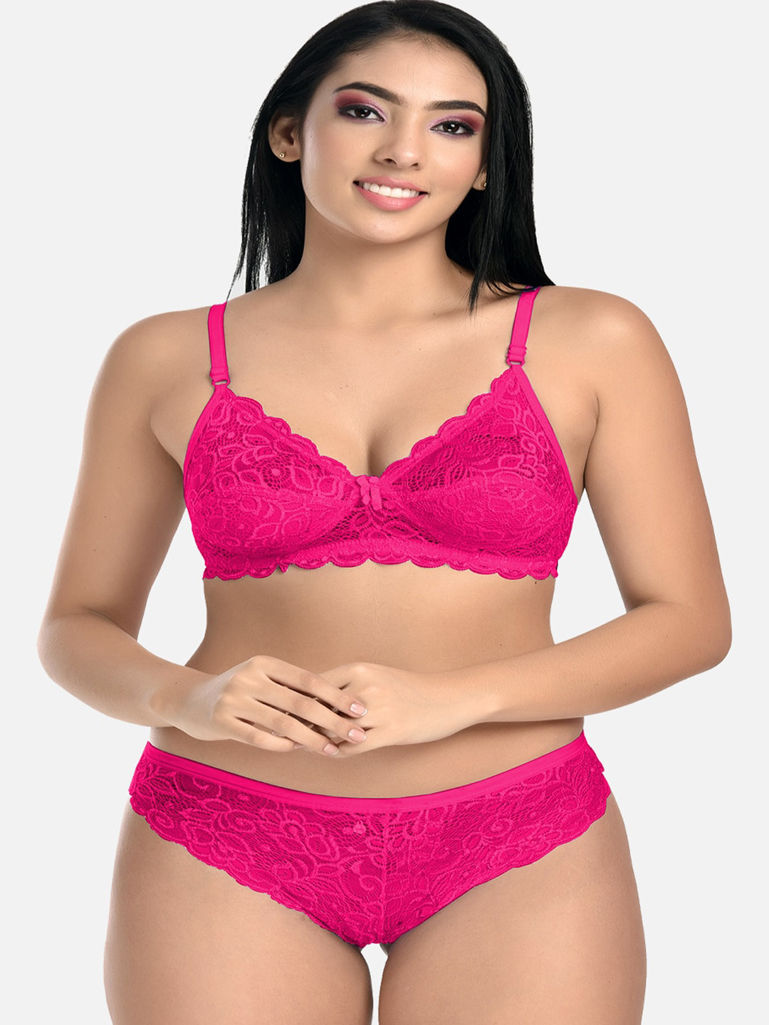 StyFun Women Pink Pack Of 1 Cotton Lycra Net Bra & Panty Set, lingerie Set