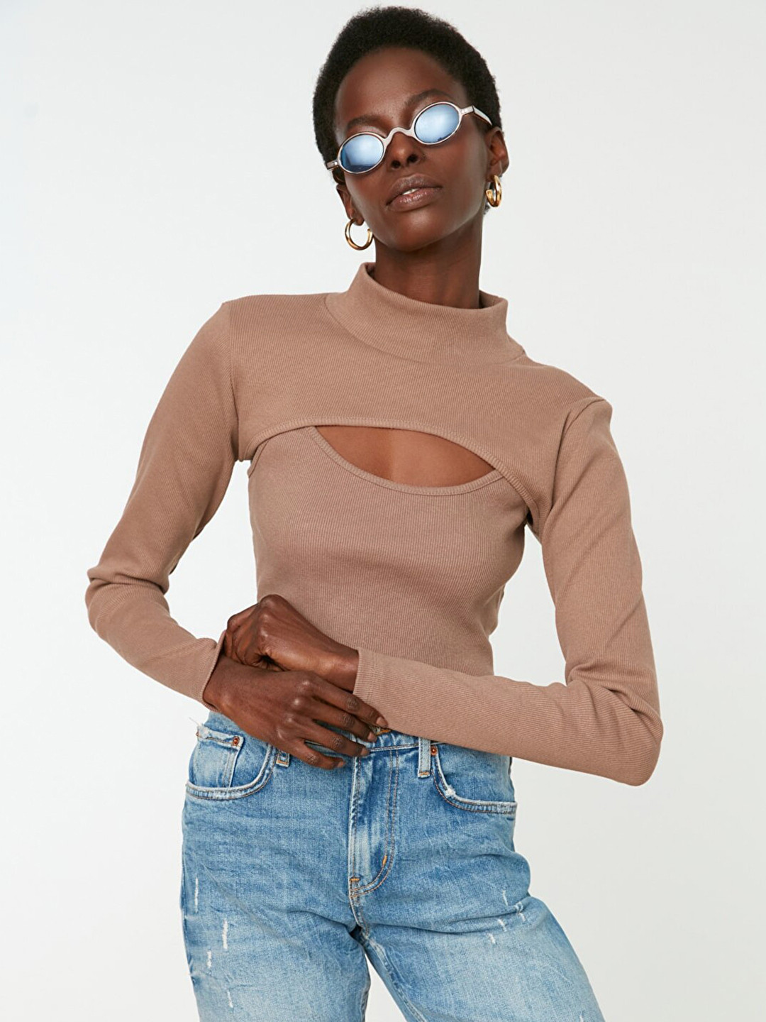 Trendyol Dusty Pink  Solid Cami Top with Cropped High Neck Arm Warmer