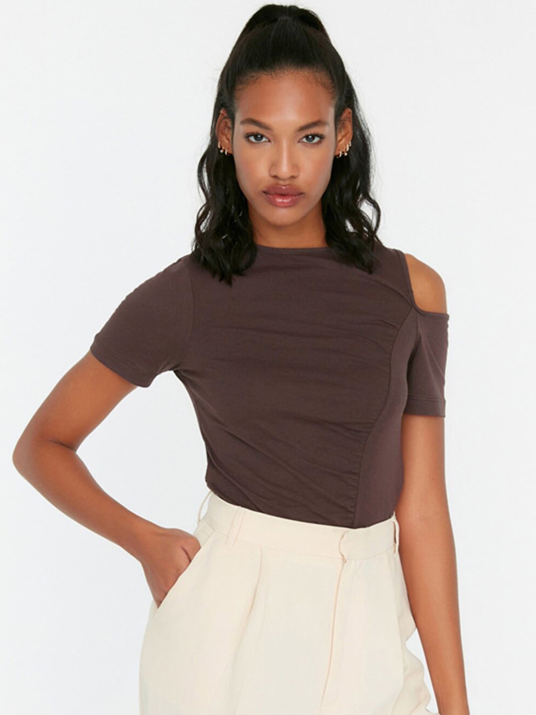 Trendyol Coffee Brown Solid Pure Cotton Top