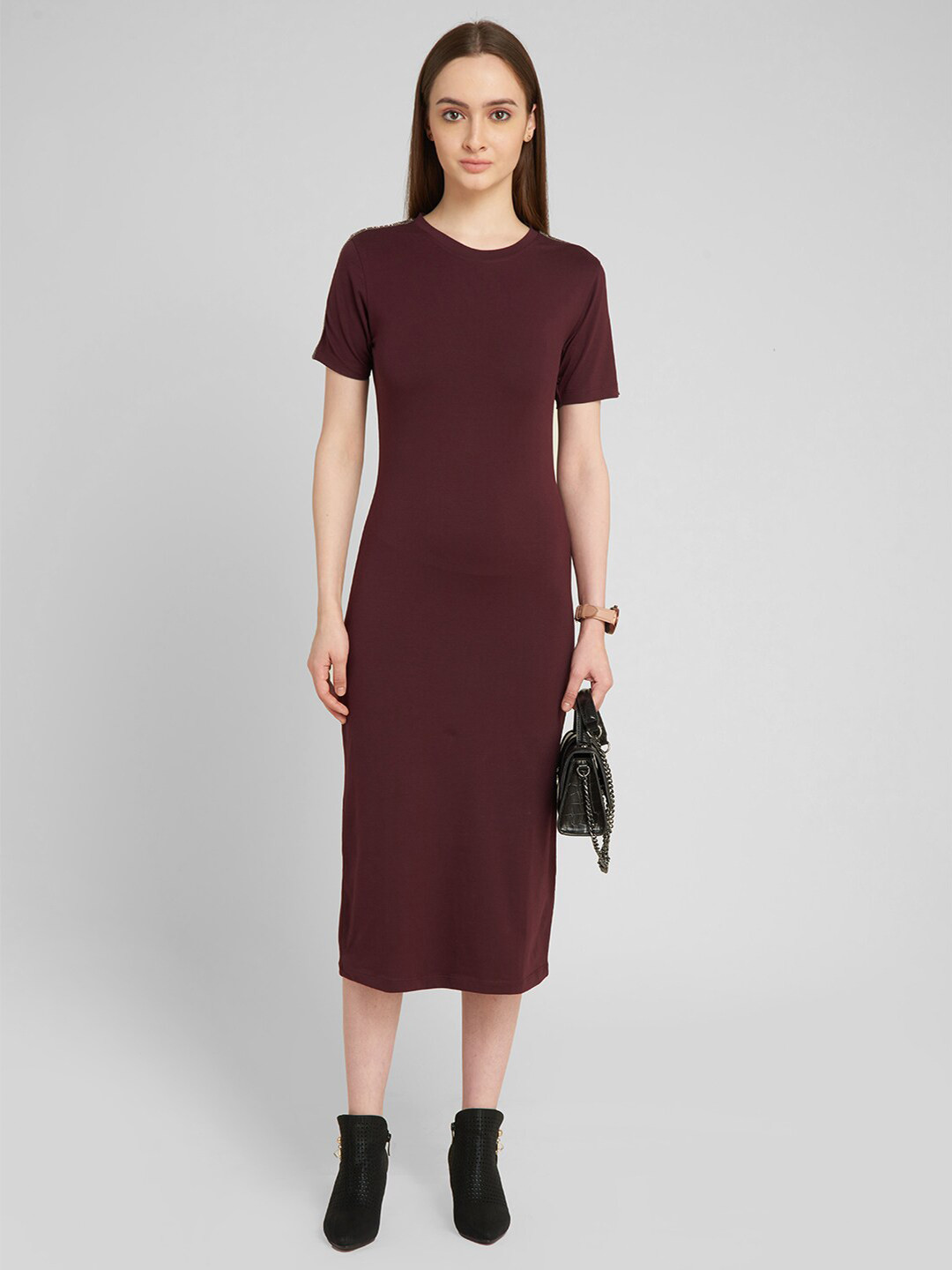 aturabi Maroon T-shirt Midi Dress