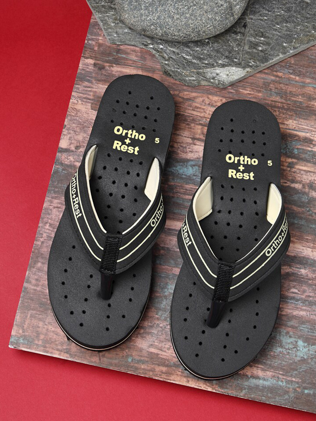 Ortho Rest Women Black & White Printed Rubber Thong Flip-Flops