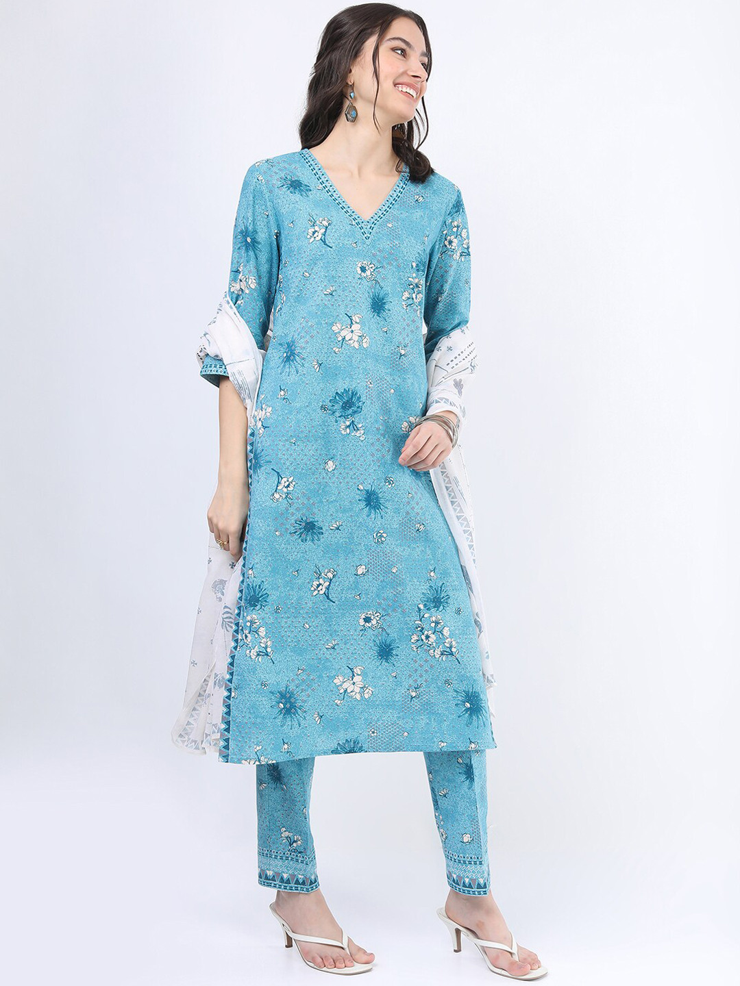 Vishudh Women Blue Floral Printed Pure Cotton Kurti with Trousers & With Dupatta