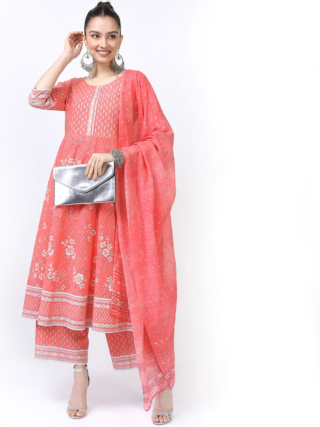 Vishudh Women Coral Paisley Printed Pure Cotton Kurta with Palazzos & With Dupatta