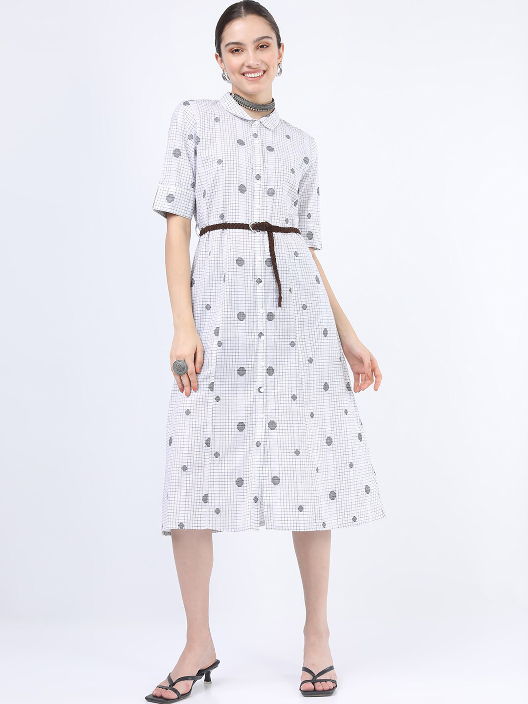 Vishudh White A-Line Midi Dress