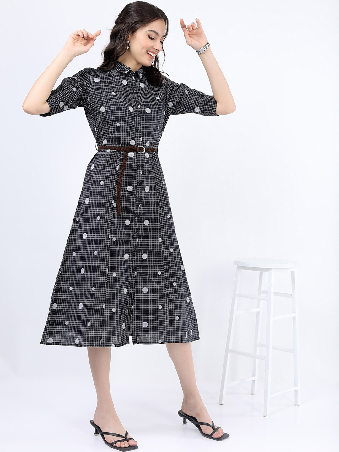 Vishudh Black Checked Shirt Dress