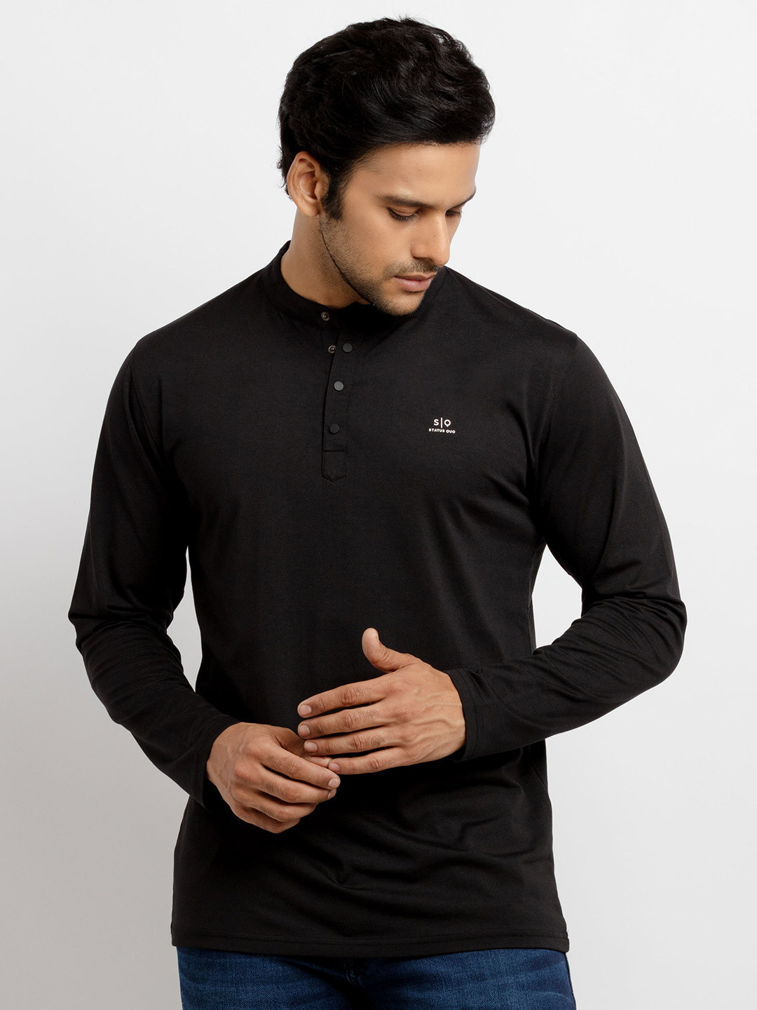 Status Quo Men Black Henley Neck T-shirt