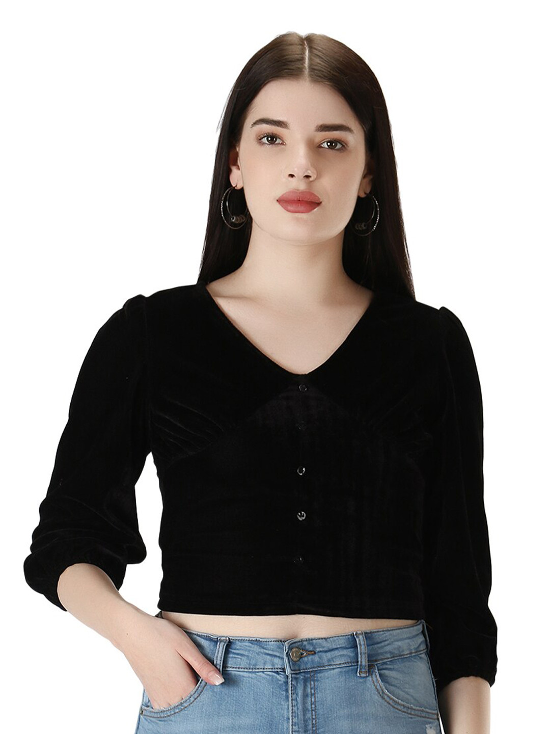 D 'VESH Black Roll-Up Sleeves Velvet Top