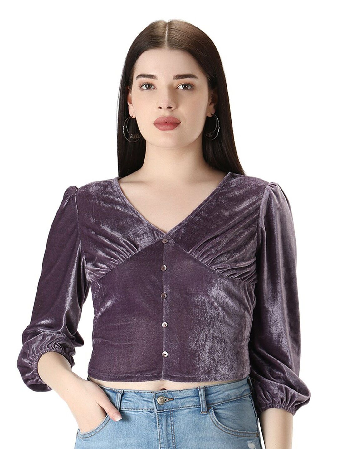 D 'VESH Mauve Print Roll-Up Sleeves Velvet Shirt Style Top