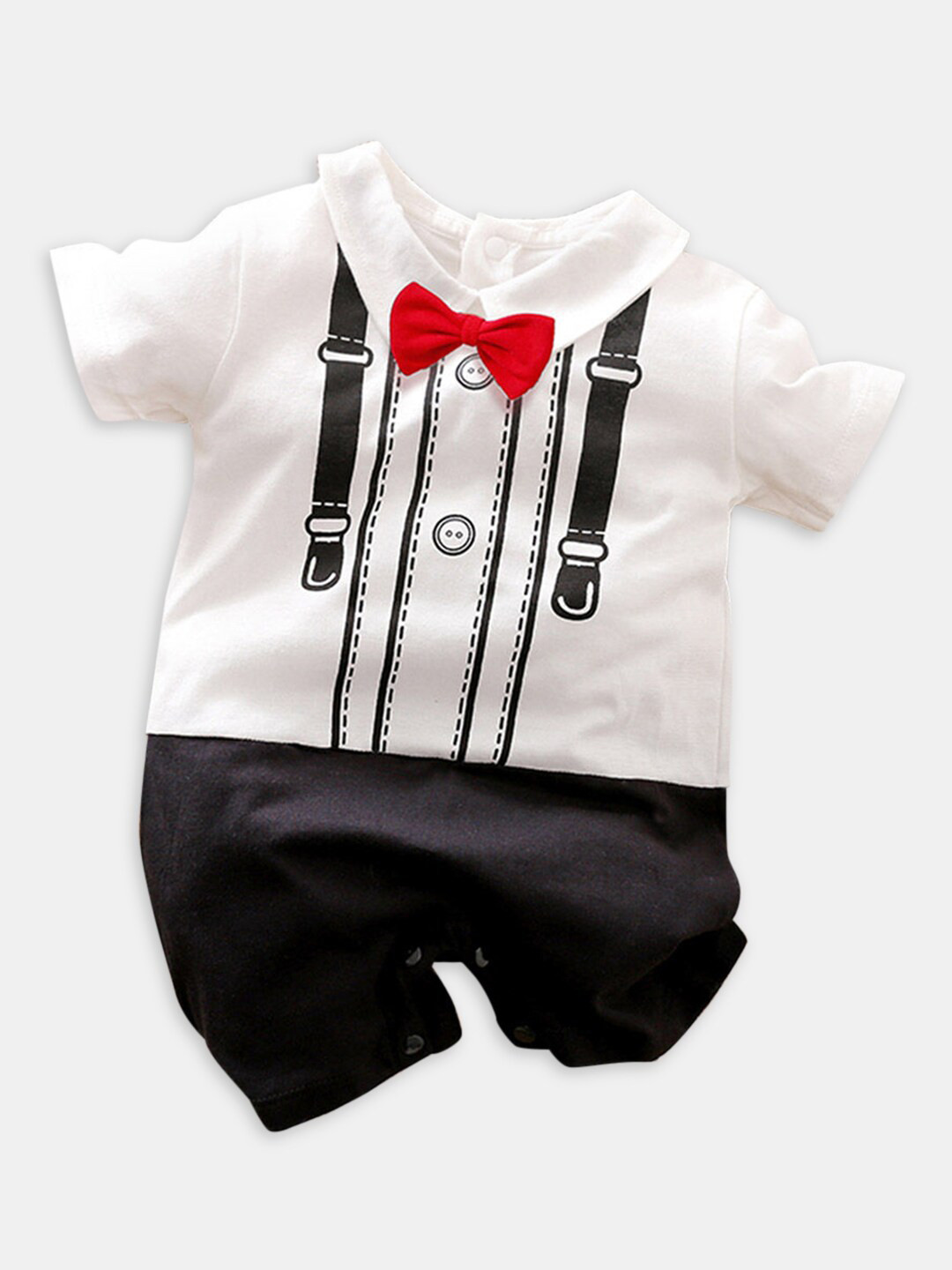 Hopscotch Infant Boys White & Black Patterned Pure Cotton Rompers