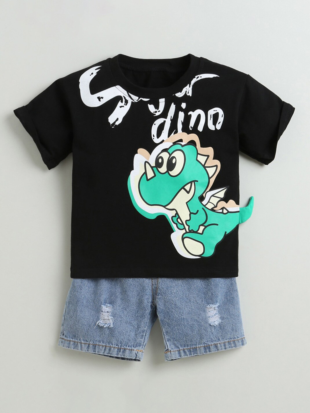 Hopscotch Boys Black & Blue Animal Printed T-shirt with Shorts