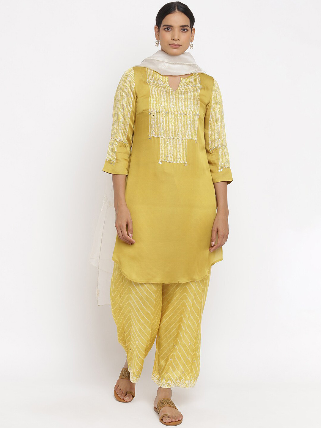 Folk Song  Folksong Collection Women Yellow Yoke Design Keyhole Neck Gotta Patti Kurta