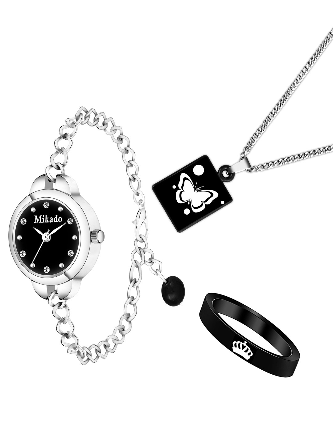 Mikado Women Black Brass Embellished Dial & Silver Toned Stainless Steel Bracelet Style Straps Analogue Watch