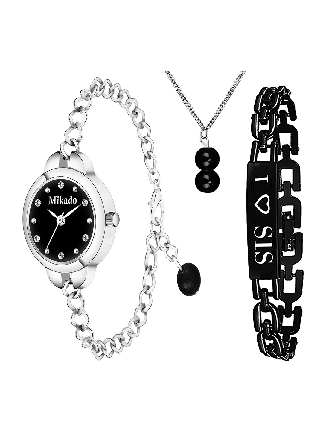 Mikado Women Black Brass Embellished Dial & Silver Toned Stainless Steel Bracelet Style Straps Analogue Watch