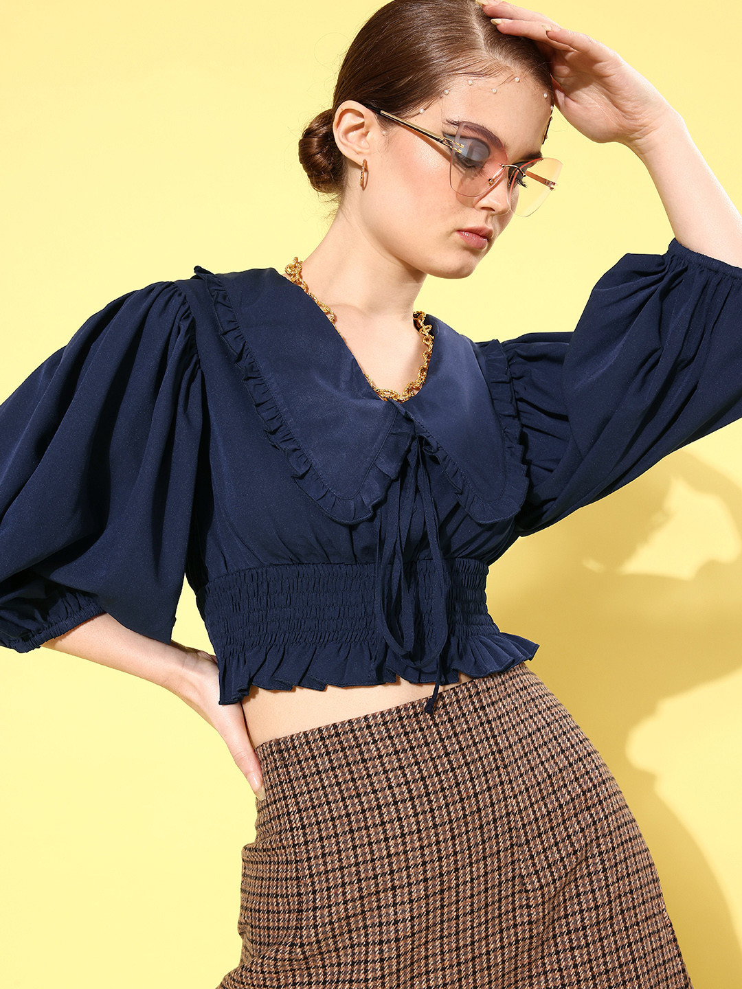 QUIERO Deep Navy Blue Solid Statement Collar Top