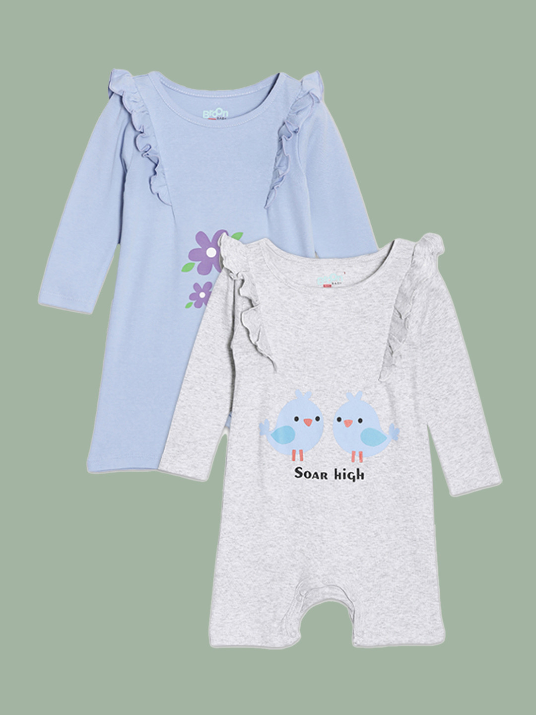 Broon Girls Grey & Blue Pack of 2 Printed Organic Cotton Rompers