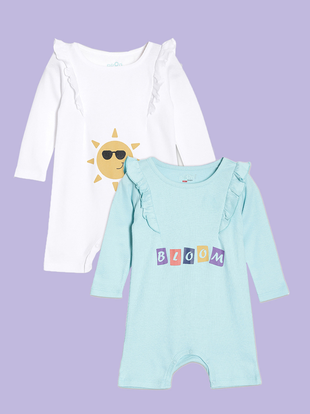 Broon Pack Of 2 Infant Girls White & Sea Green Pure Organic Cotton Rompers