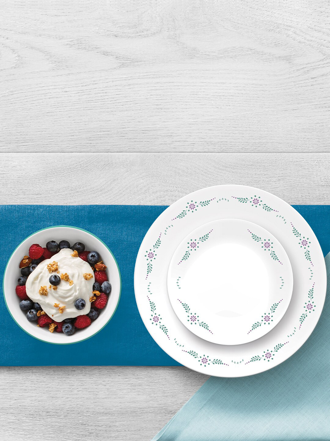 Corelle White & Purple 8 Pieces Dishwasher & Microwave Safe Vitrelle Glass Dinner Set
