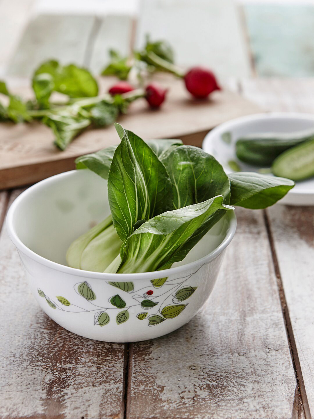 Corelle Asia Collection Green Breeze White Leaf Vitrelle Glass Microwave Safe 14 Piece Dinner Set