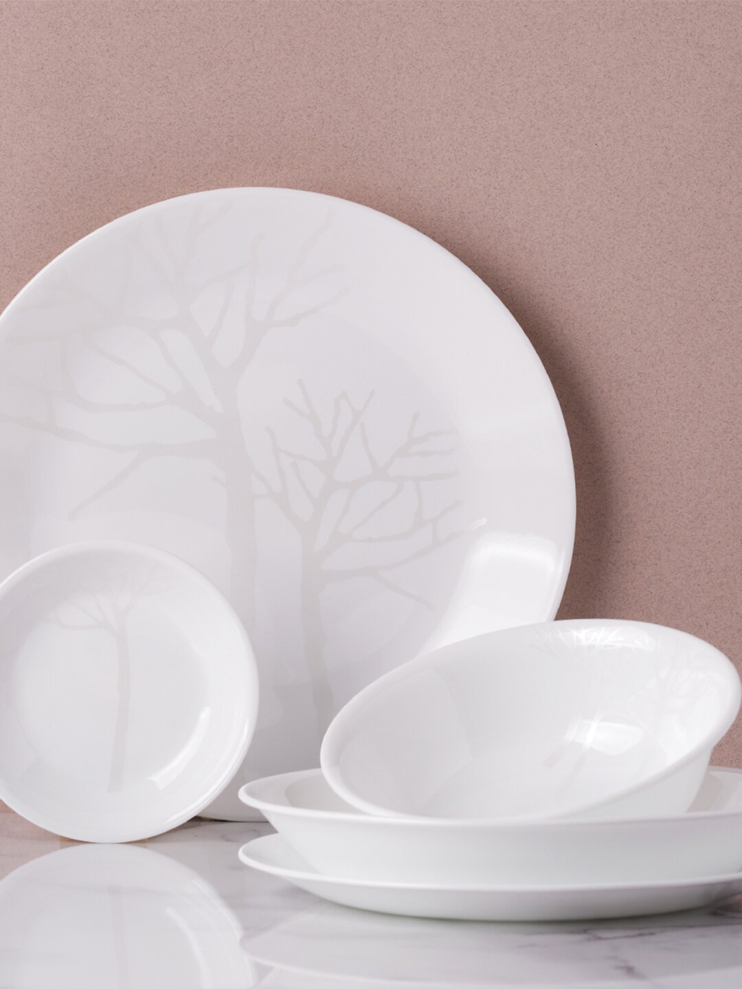 Corelle Asia Collection Gold Series White Marble Vitrelle Glass Dishwasher and Microwave Safe 12 Piece Dinner Set