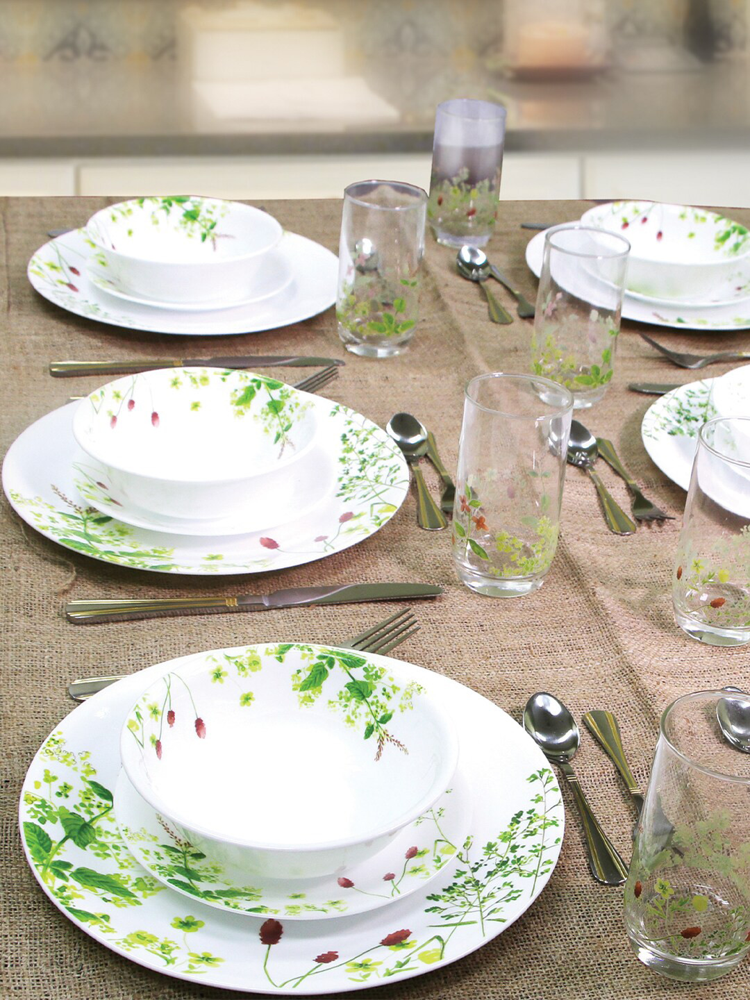 Corelle White & Green Set of 21 Dishwasher & Microwave Safe Vitrelle Glass Dinner Set