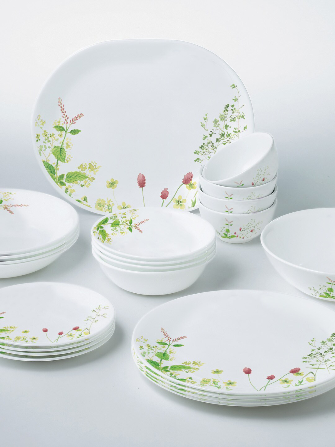 Corelle Asia Collection Provence Garden White Floral Vitrelle Glass Dishwasher and Microwave Safe 14 Piece Dinner Set