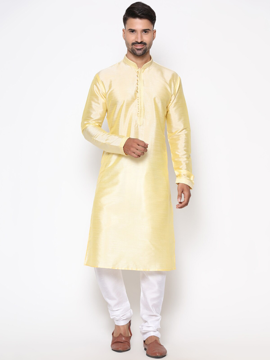 COCOI LIFESTYLE Men Cream-Coloured Dupion Silk Kurta with Pyjamas