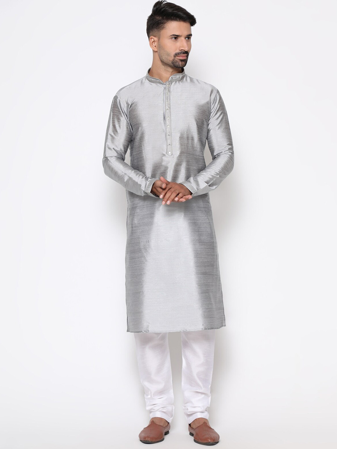 COCOI LIFESTYLE Men Silver-Toned Angrakha Dupion Silk Kurta with Pyjamas