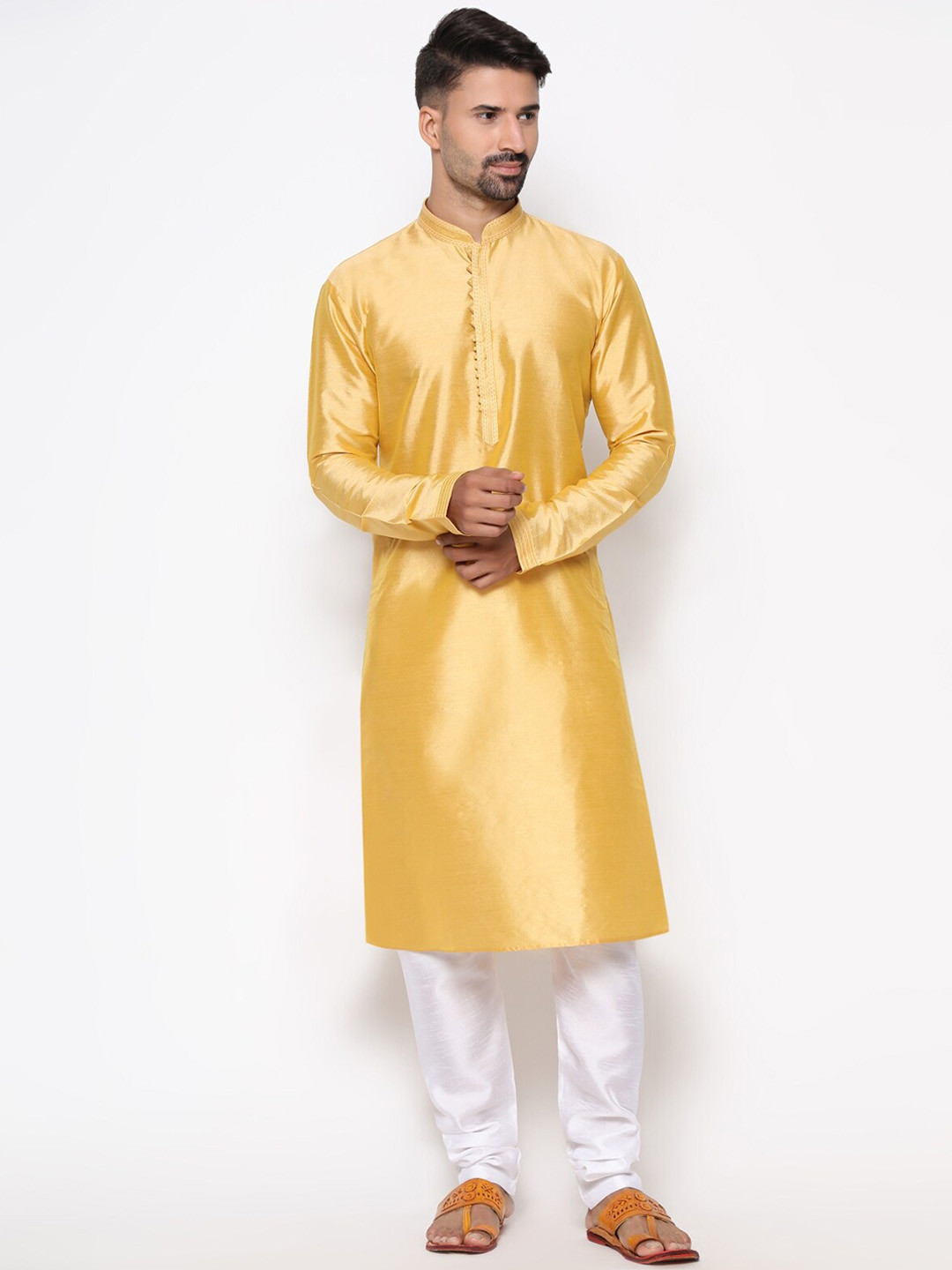 COCOI LIFESTYLE Men Yellow Dupion Silk Kurta with Pyjamas