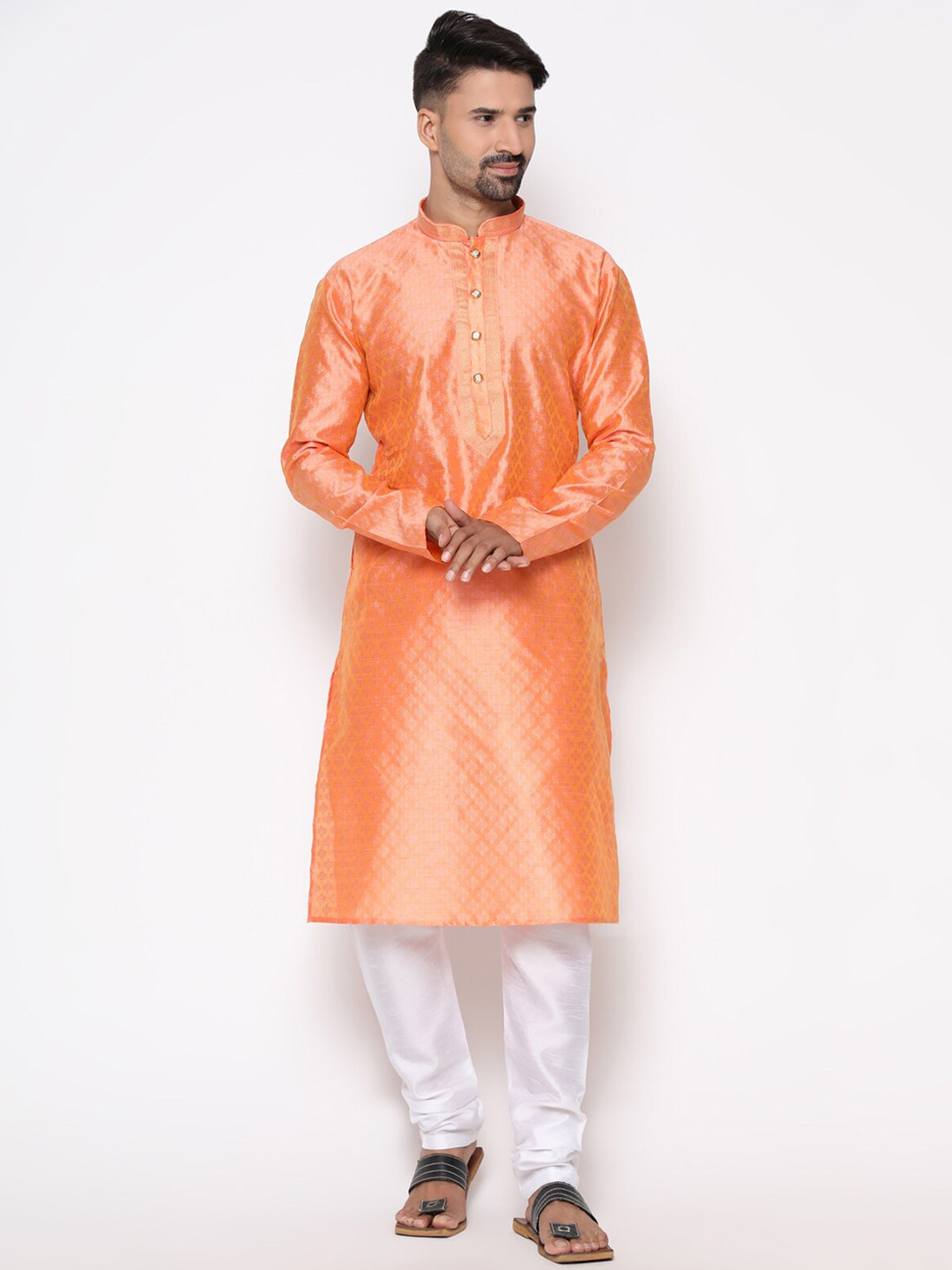 COCOI LIFESTYLE Men Peach-Coloured Dupion Silk Kurta with Pyjamas