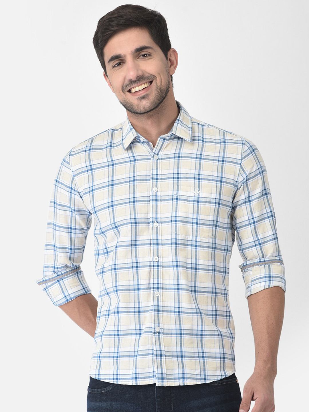 Crimsoune Club Men Cream-Coloured Slim Fit Checked Casual Shirt