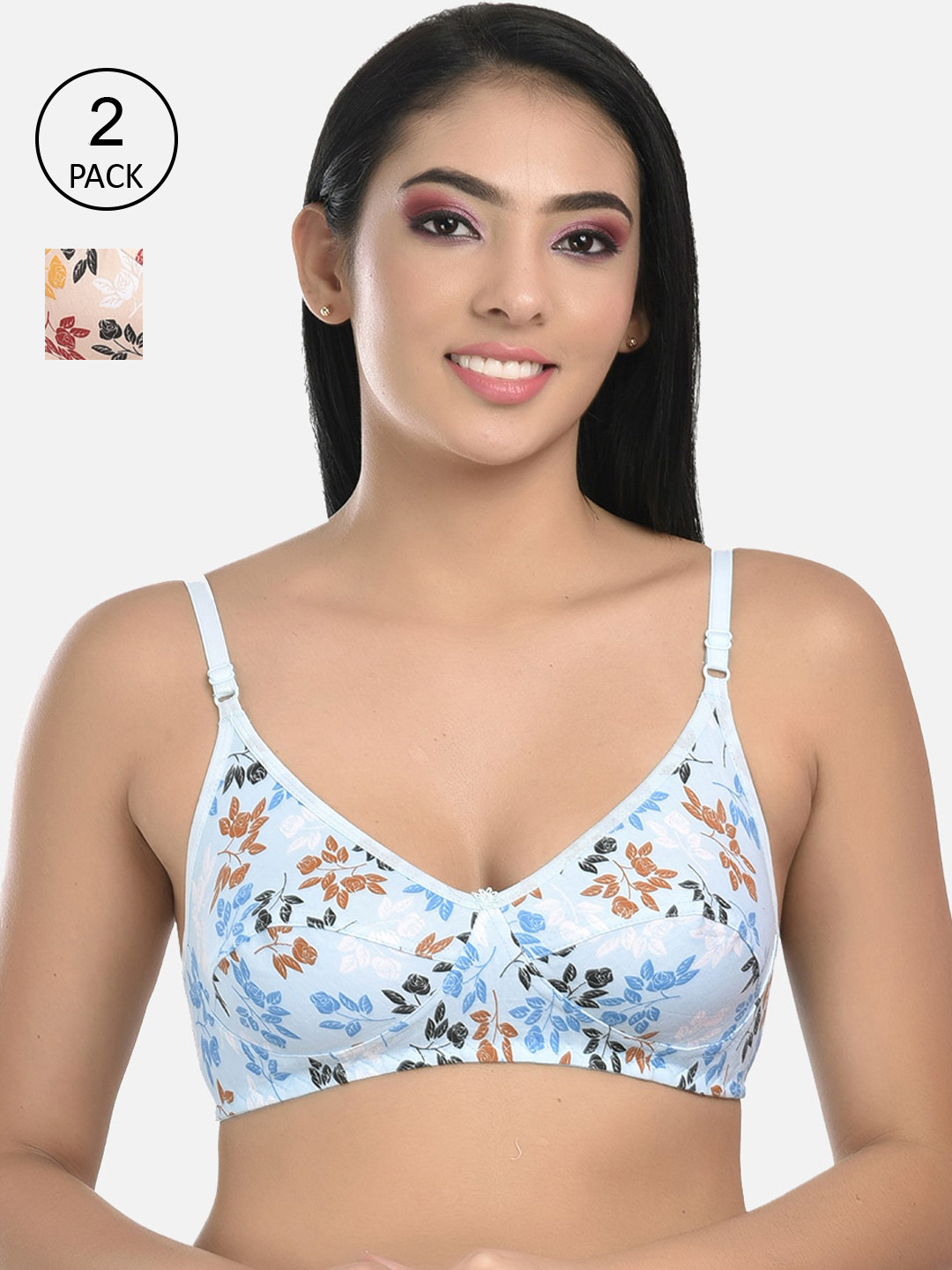 StyFun Pack Of 2 Blue & Peach Floral Non Padded & Non Wired Bra-S_Muskan_Bra_BlueYellow