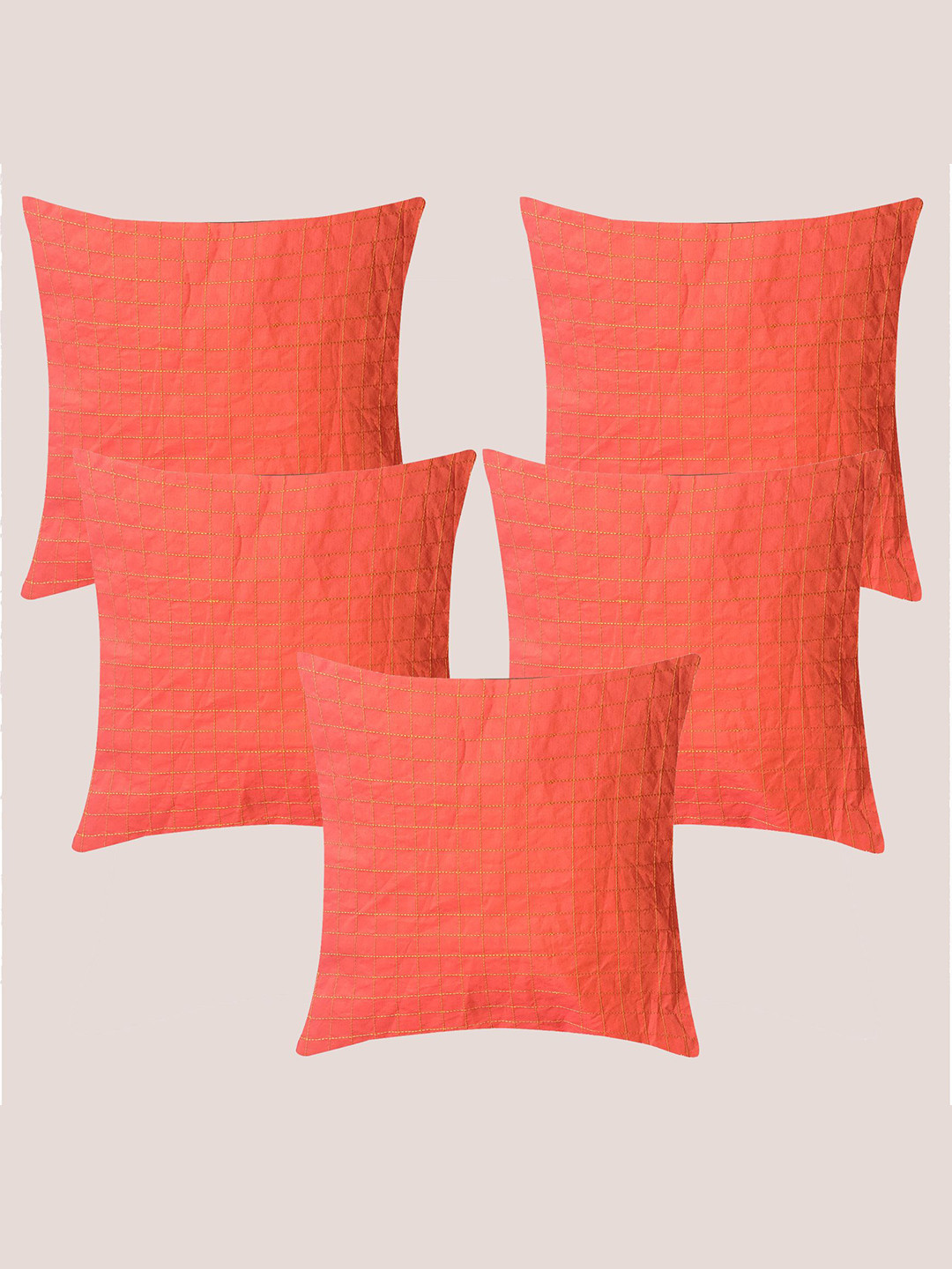 Molcha Checked Silk Durable 5 Pcs Embroidered Square Cushion Covers - 15.7 x 15.7 In