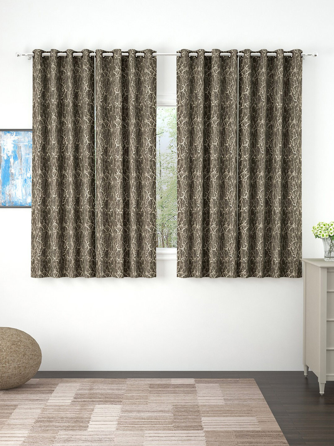 Story@home Set of 4 Room Brown Printed Darkening Window Curtain