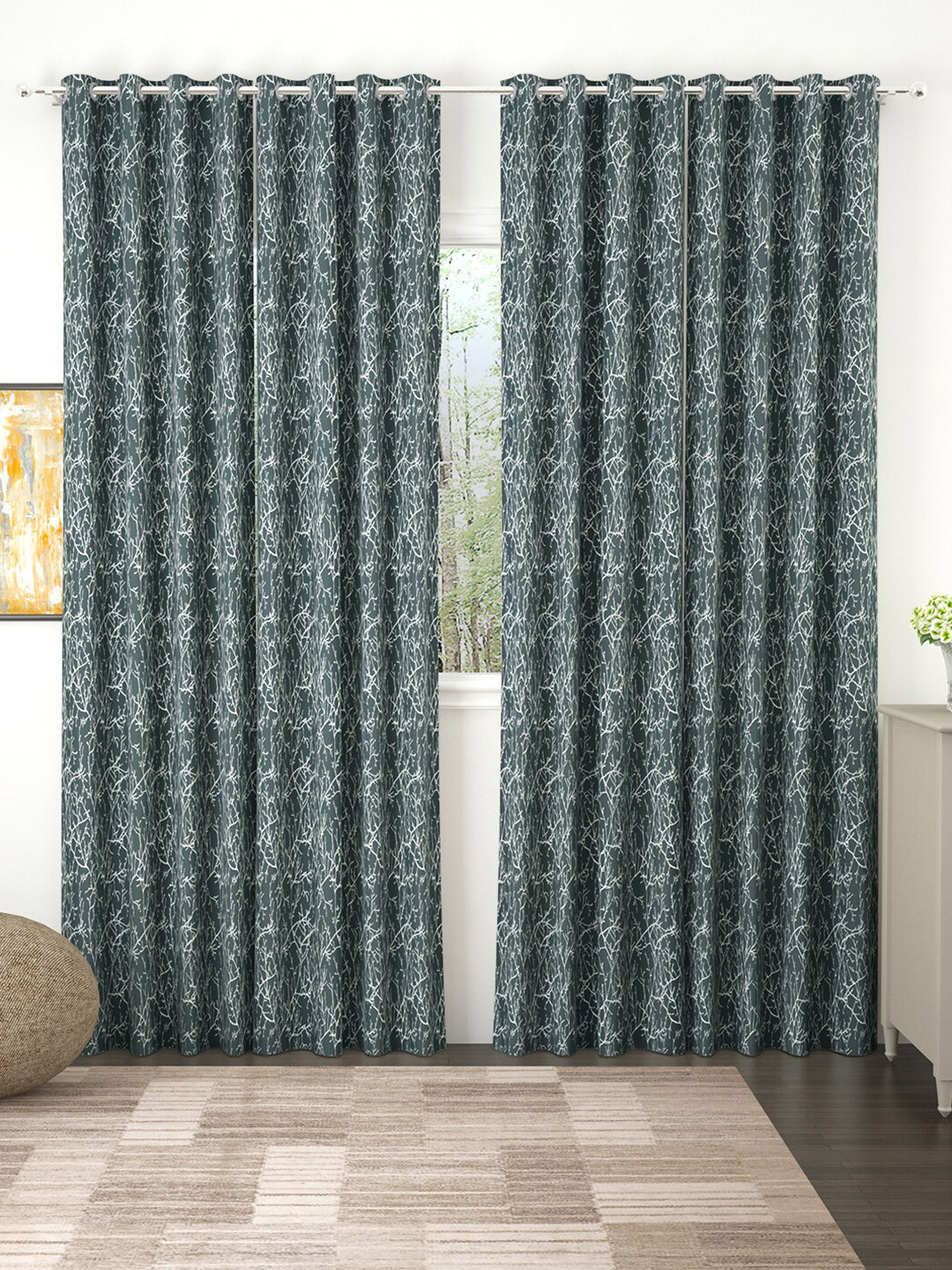 Story@home Grey & Off White Set of 4 Grey Floral 400 GSM Room Darkening Door Curtain