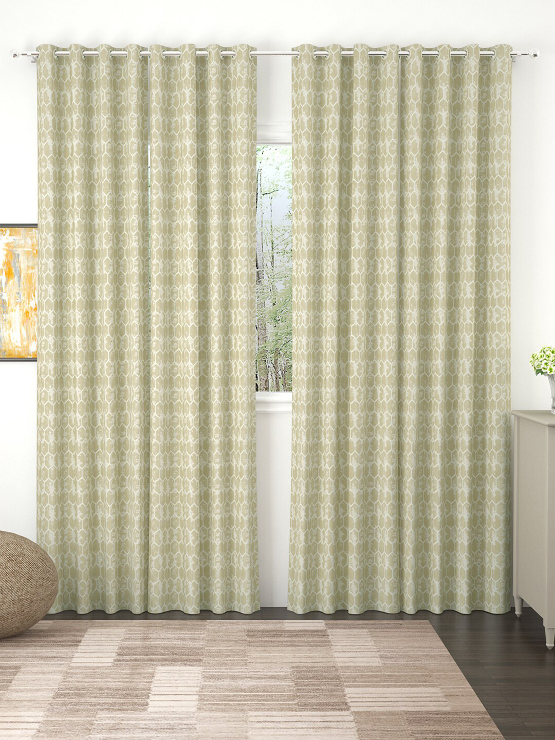 Story@home Beige Pack of 4 Geometric Room Darkening Door Curtain