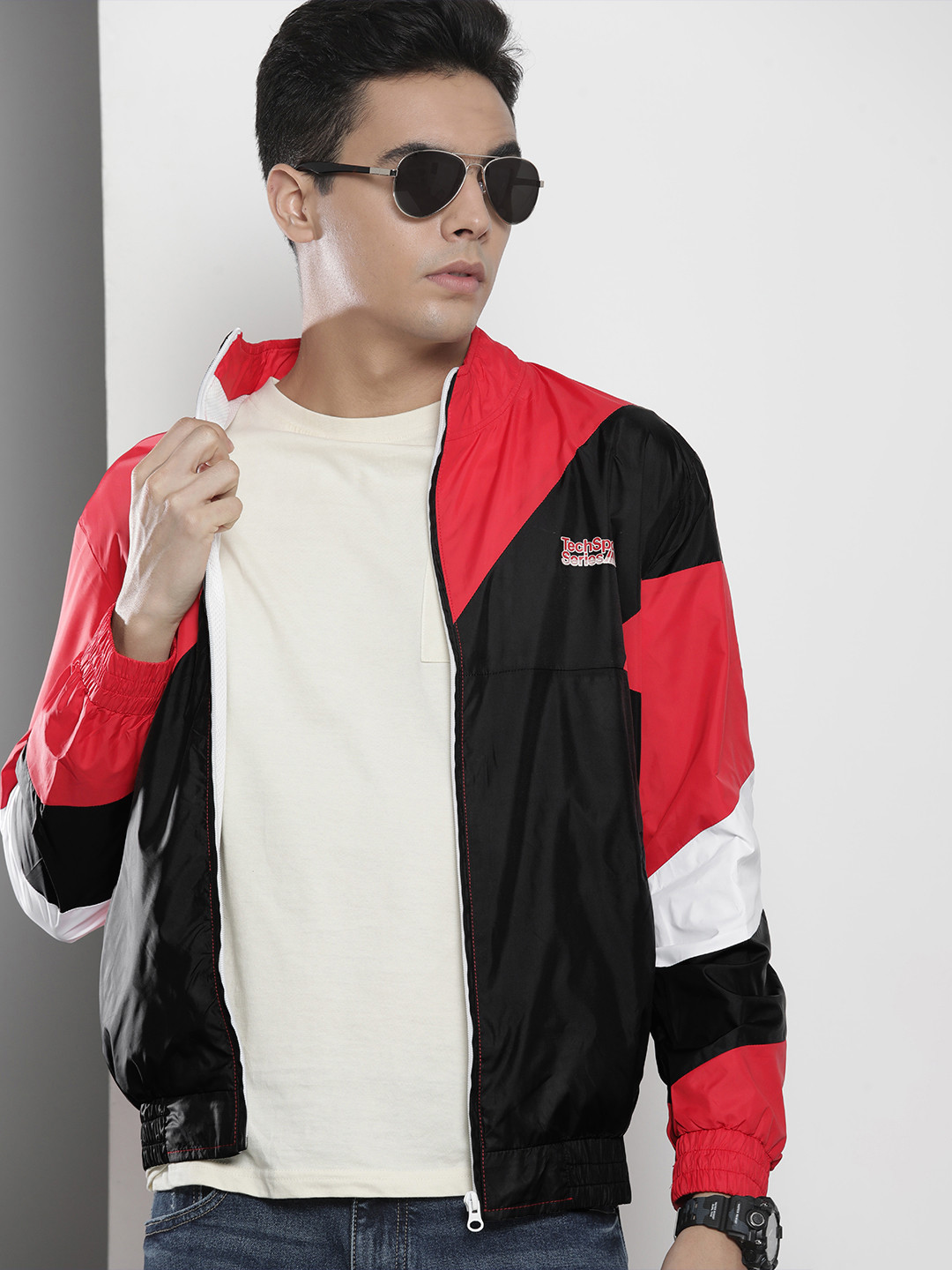 The Indian Garage Co Men Red & Black Colourblocked Outdoor Windcheater Tailored Jacket