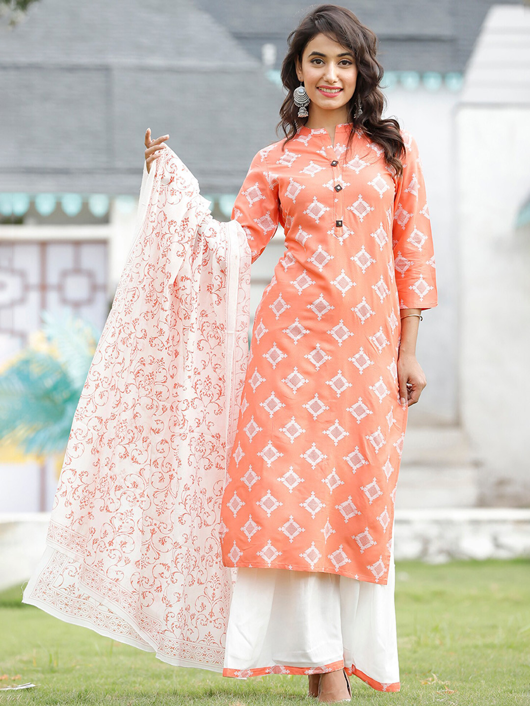 DORIYA Women Orange Ethnic Motifs Printed Kurta with Sharara & With Dupatta