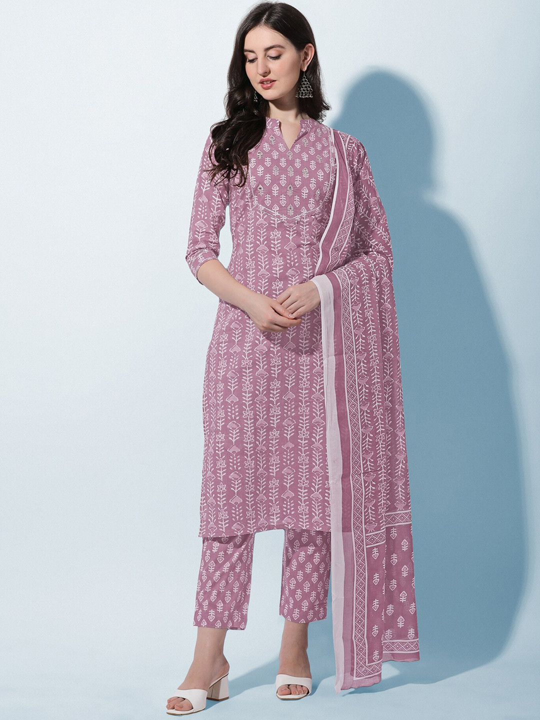 MIRCHI FASHION Women Plus Size Pink Ethnic Pure Cotton Kurta with Trousers & With Dupatta