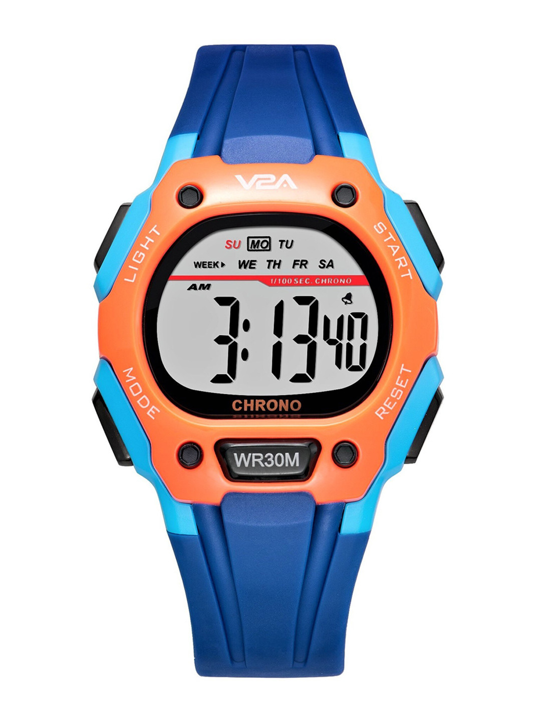V2A Boys Orange Embellished Dial & Blue Bracelet Style Straps Digital Multi Function Watch DK8557-Blue