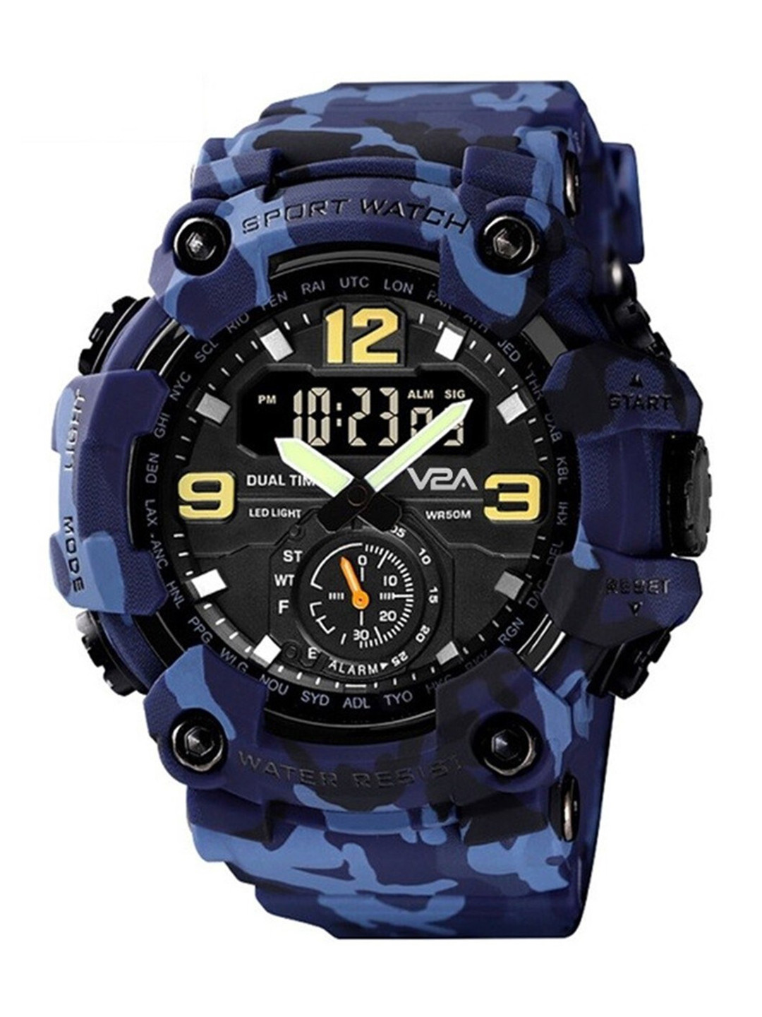 V2A Men Blue Patterned Dial & Blue Textured Straps Analogue and Digital Multi Function Watch