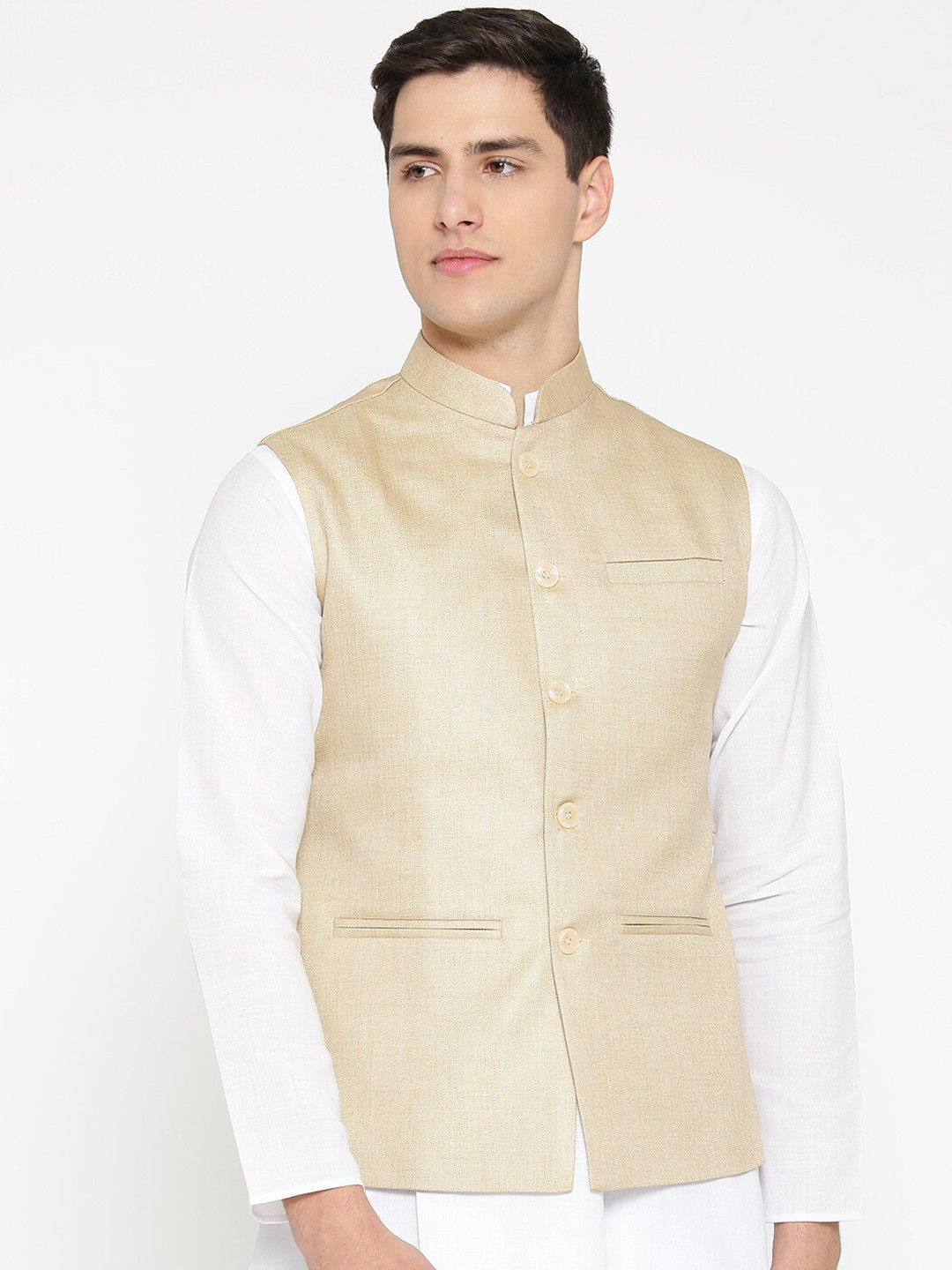 Badoliya & Sons Men Beige Woven Design Nehru Jackets