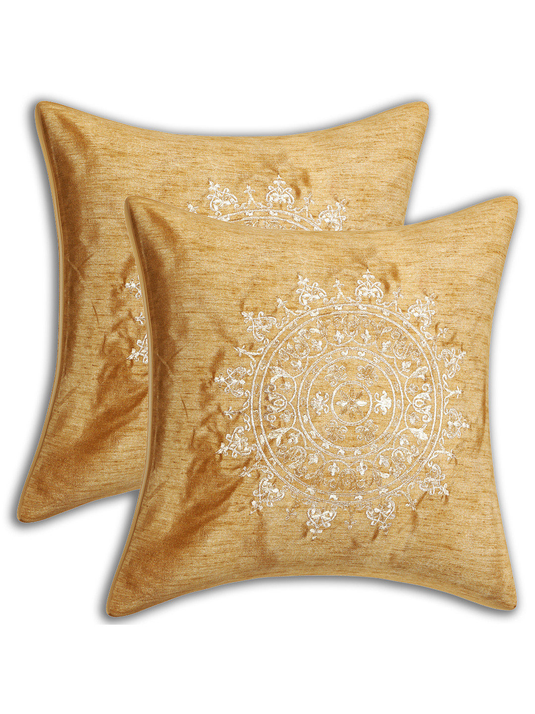 INDHOME LIFE Gold Embroidered Silk Lightweight 2 Pcs Square Cushion Covers - 16 x 16 In