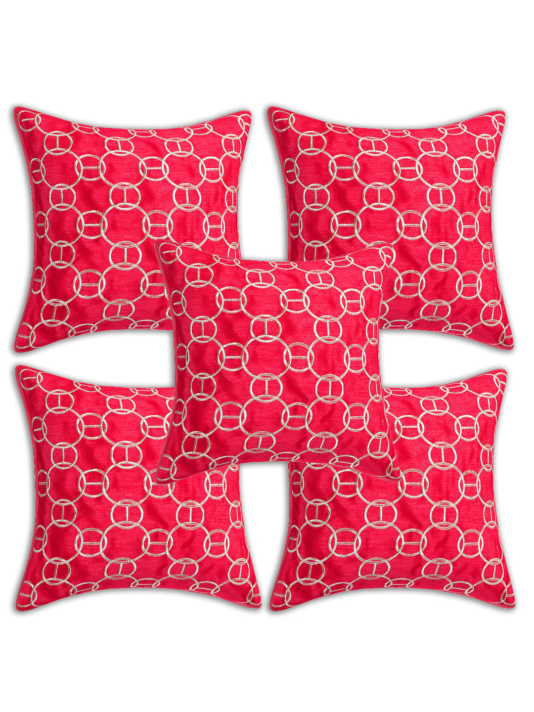INDHOME LIFE Pink Silk Washable 5 Piece Embroidered Square Cushion Covers -16x16In