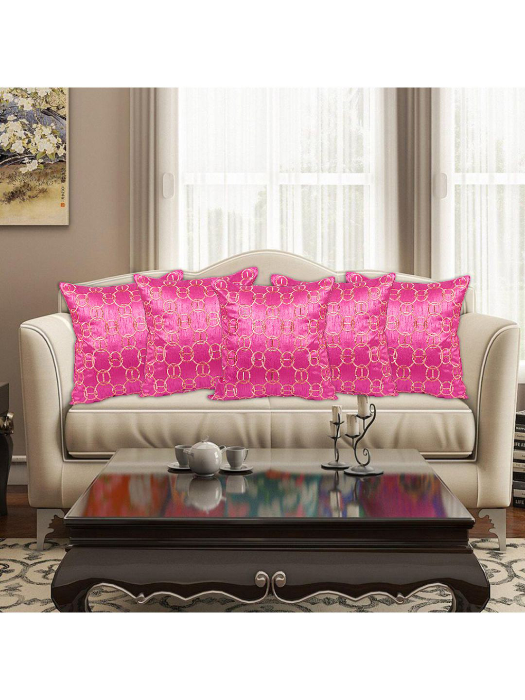 INDHOME LIFE High-Quality Silk Ultra Soft 5 Pcs Embroidered Square Cushion Covers -16x16In