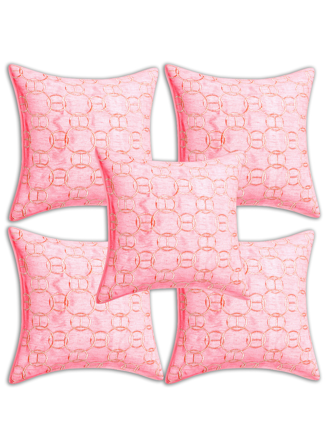 INDHOME LIFE Pink Embroidered Silk Durable 5 Pcs Square Cushion Covers - 16 x 16 In