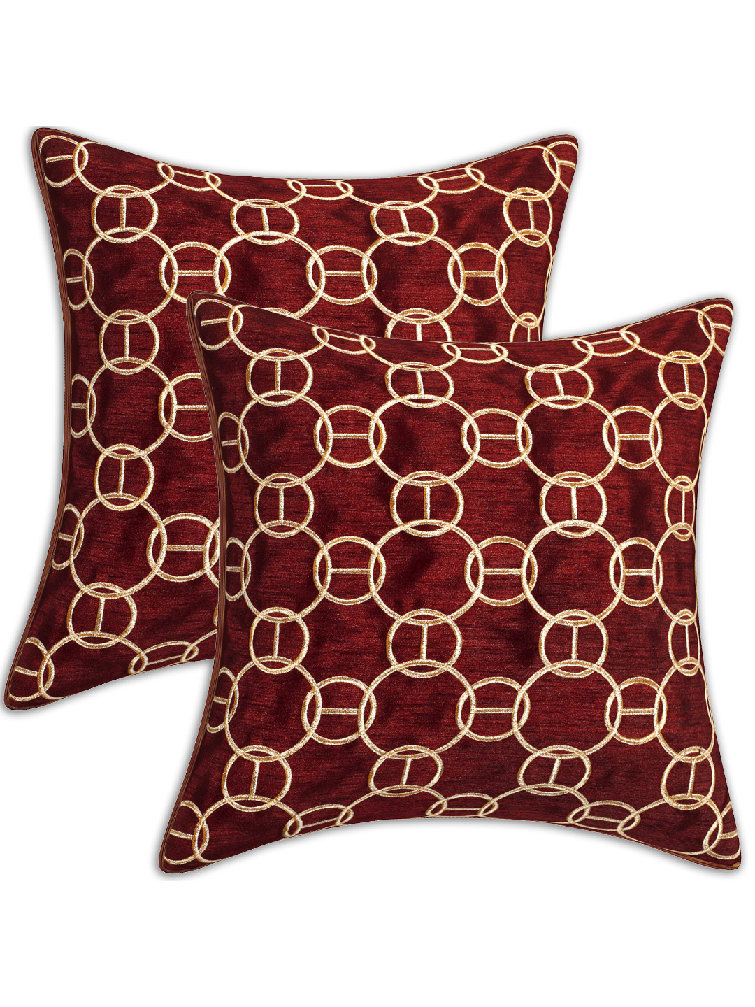 INDHOME LIFE Maroon & Gold-Toned Set of 2 Embroidered Square Cushion Covers